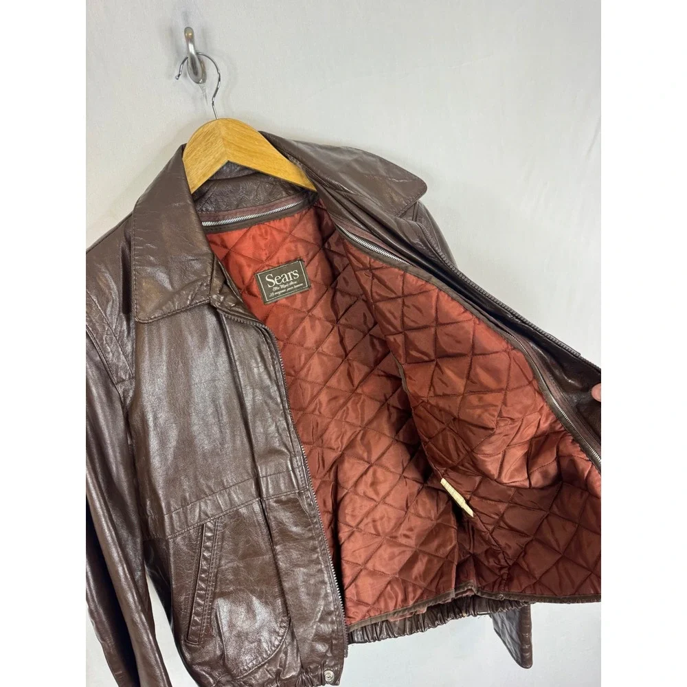 Vintage Sears Men 42 70s Brown Leather Bomber Jacket Quilted Lining CA00222